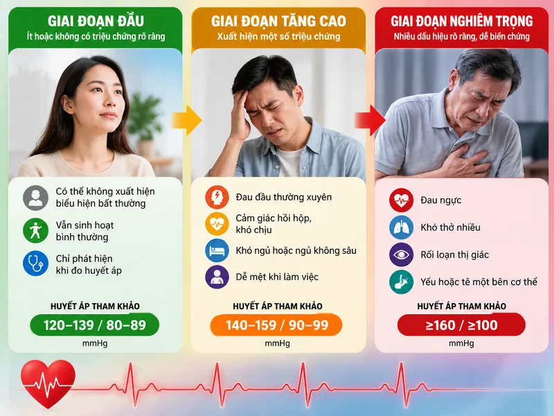 Biểu hiện của cao huyết áp có thể thay đổi theo từng giai đoạn, từ không rõ triệu chứng đến các dấu hiệu nghiêm trọng.