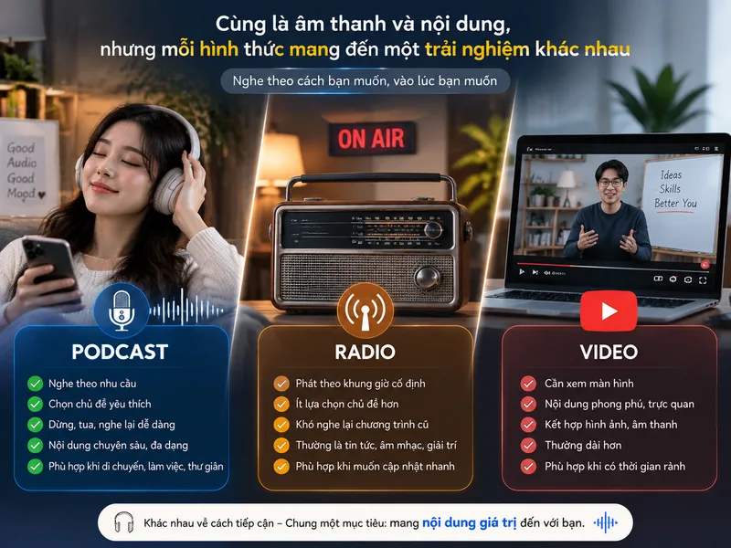 Podcast nổi bật nhờ khả năng nghe theo nhu cầu, khác biệt với radio truyền thống và nội dung video.